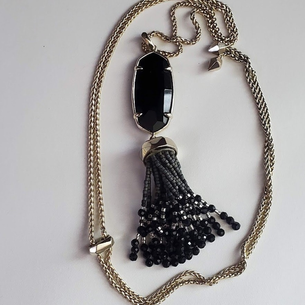 Kendra Scott Eva Gold Long Tassel Necklace Black Opaque Glass Beaded Pendant - Picture 6 of 9